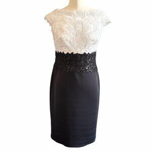 Tadashi Shoji Black and White Embroidered Lace Sheath Dress Cap Sleeve 10